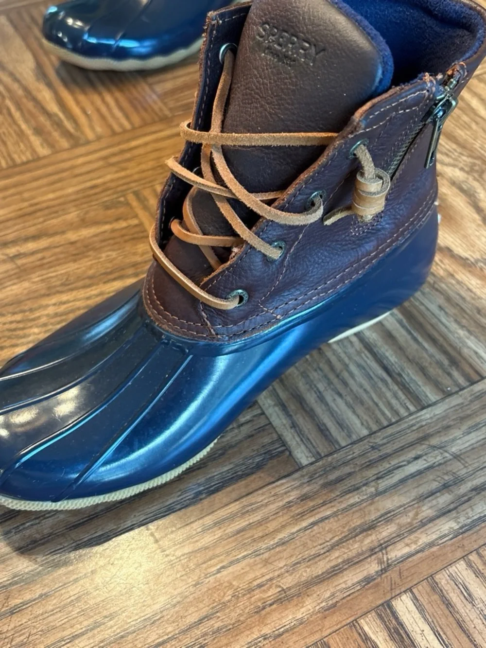 Sperry Navy Rubber & Brown Leather Kids Rain Boots
